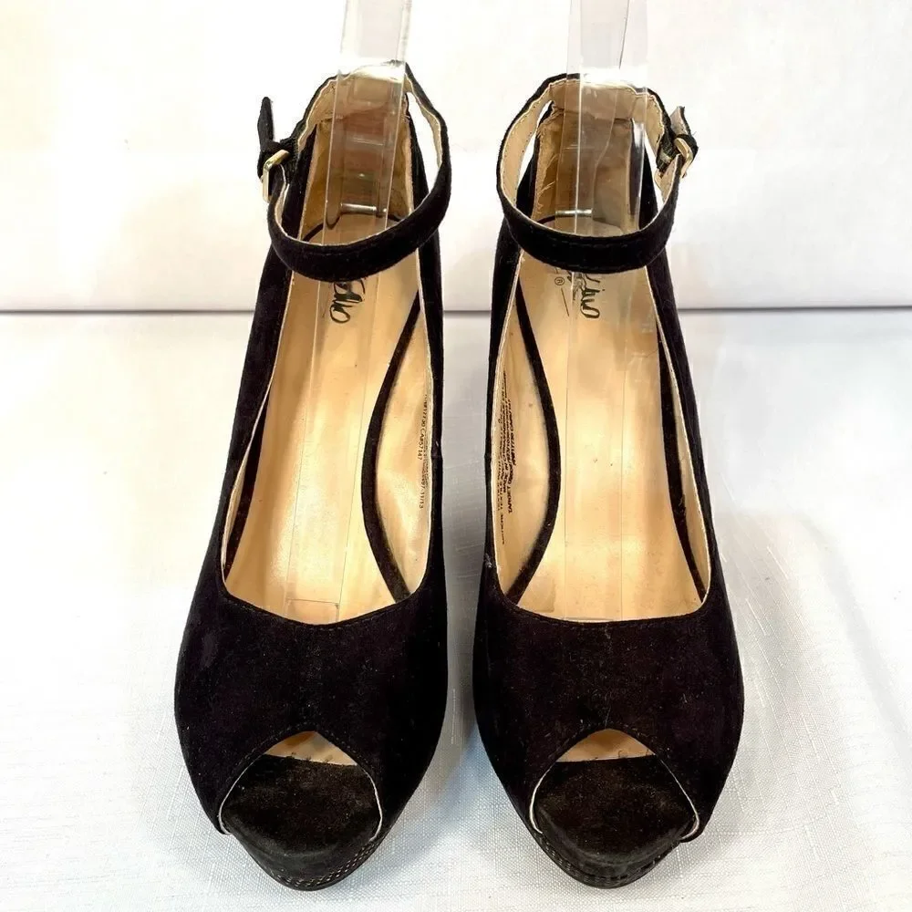 BLACK SUEDE WEDGE W GOLD STUDS ANKLE STRAP 4” HEEL